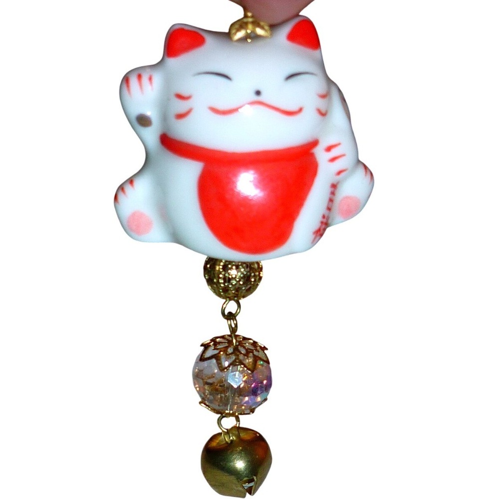 Maneki‎ Neko Lucky Cat Ceramic Hanging Ornament Bell Iridescent Bead Gold Tone